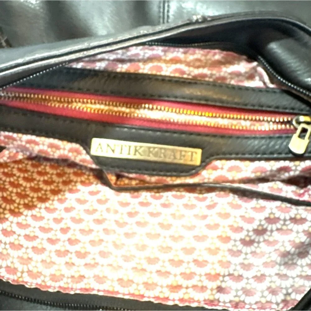 Antik Kraft Black Faux Leather Shoulder Bag With Gold-Tone Accents & Pink Patter